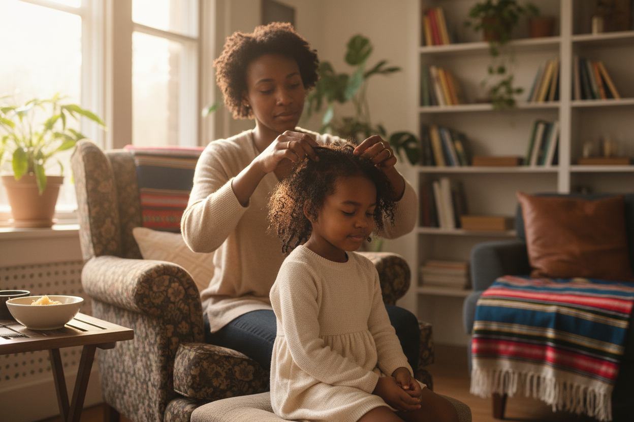 Black woman doing her daughters hair